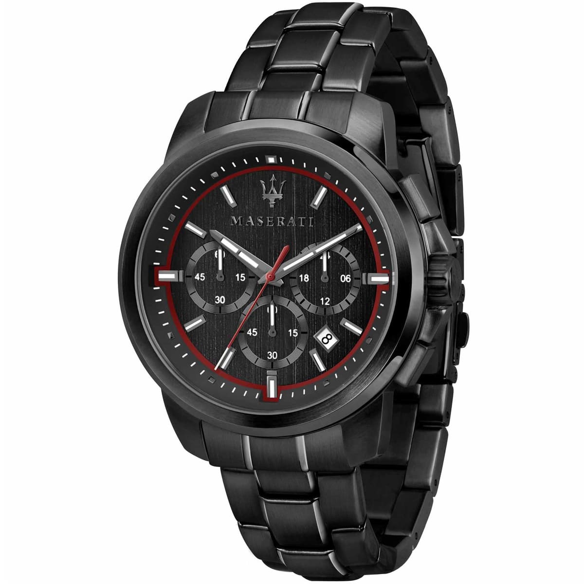 Maserati Successo R8873621014 men's chronograph watch with all-black stainless steel bracelet and red accents