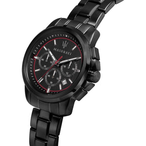 Angled view of the Maserati R8873621014 highlighting the black ion-plated case and pushers