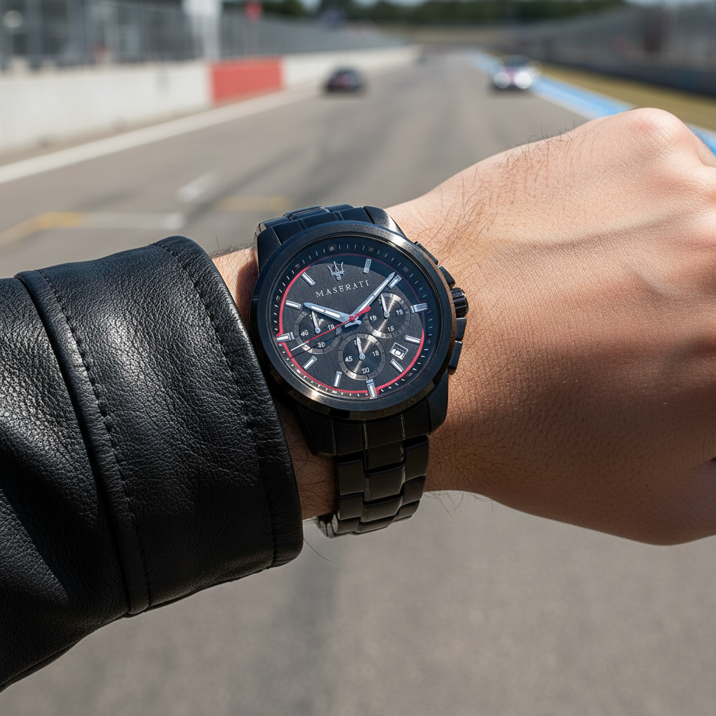 Male model wearing Maserati Successo R8873621014 black metal watch with a sporty outfit