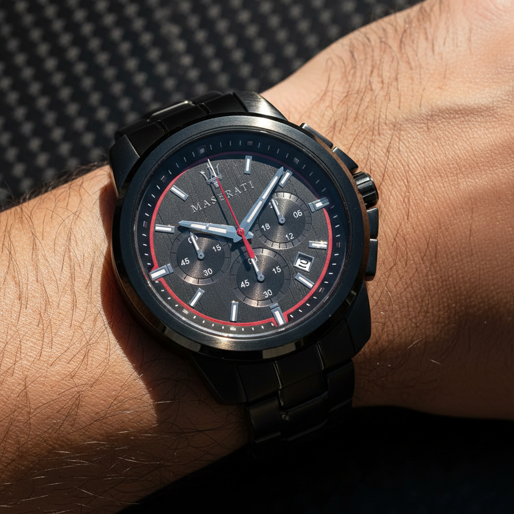 Close up shot of Maserati Successo R8873621014 watch on wrist showing the black dial and red hands