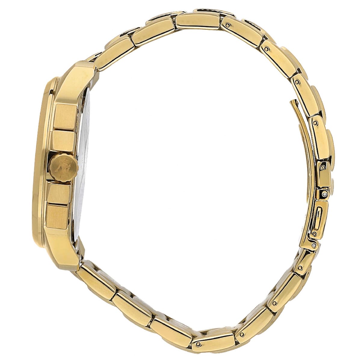 Detailed side view of the gold-tone crown and chronograph buttons on the R8873621021