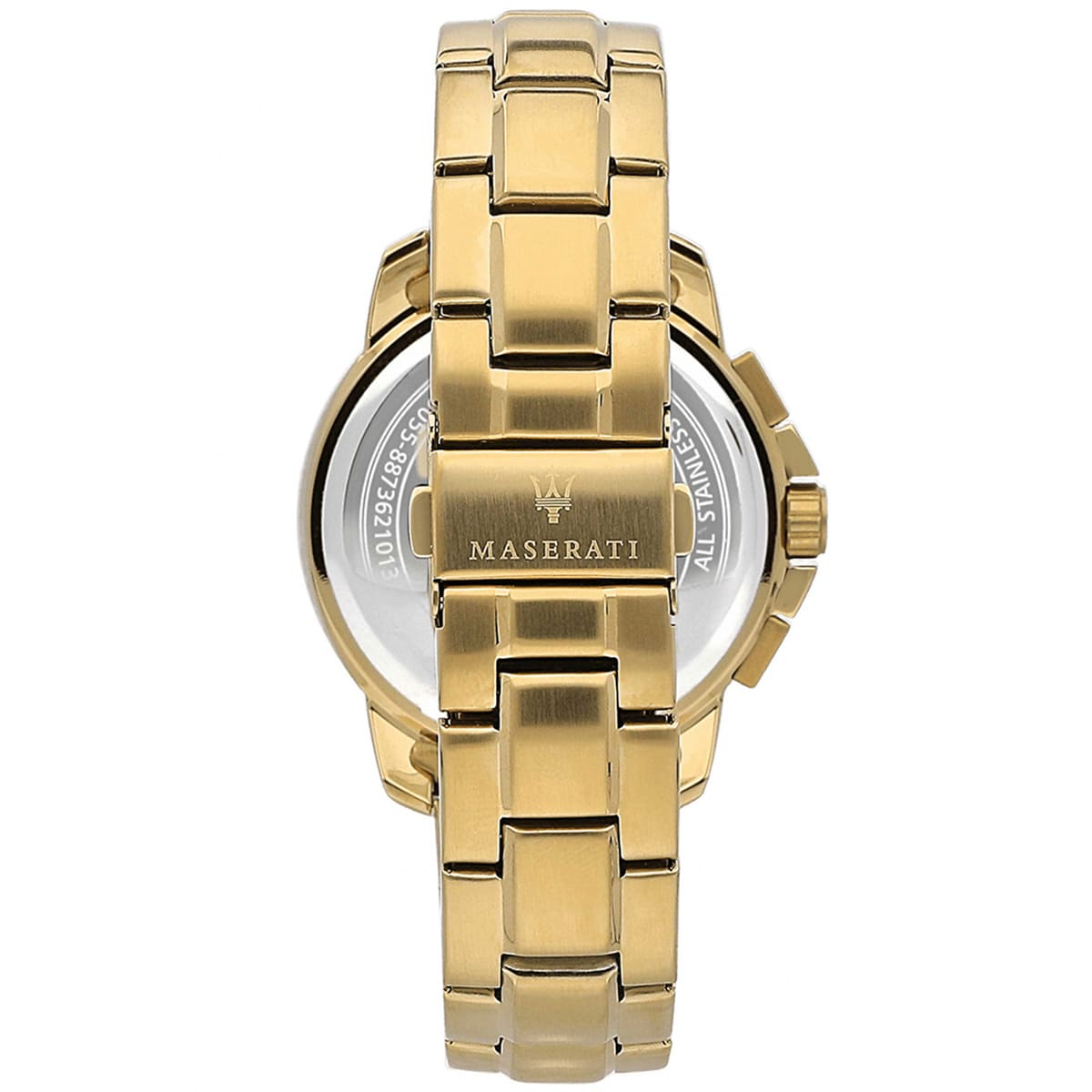 Gold-tone stainless steel deployment clasp with Maserati Trident logo on the Successo bracelet