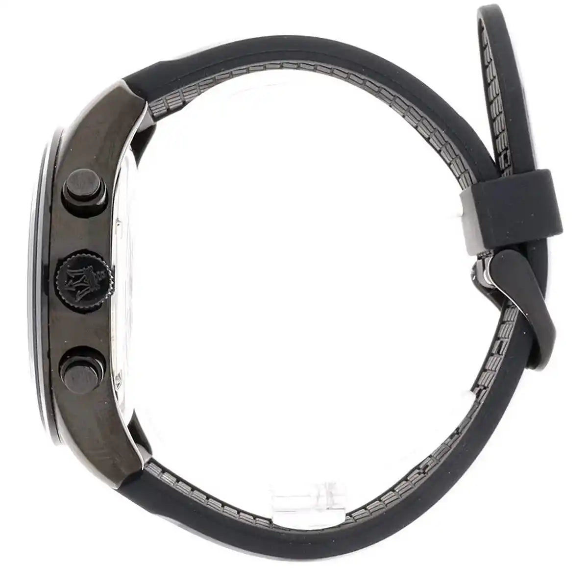 Side profile view of the 12.4mm thick black stainless steel case of the Maserati Traguardo-