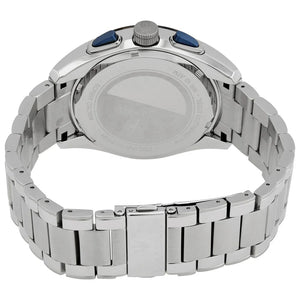 Caseback of Maserati Traguardo R8873612014 men's quartz battery watch showing technical specs 100m water resistance and metal bracelet