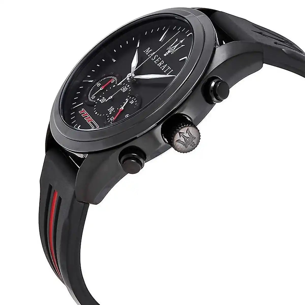 Angled view of the Maserati R8871612004 highlighting the black ion-plated case and red strap accent