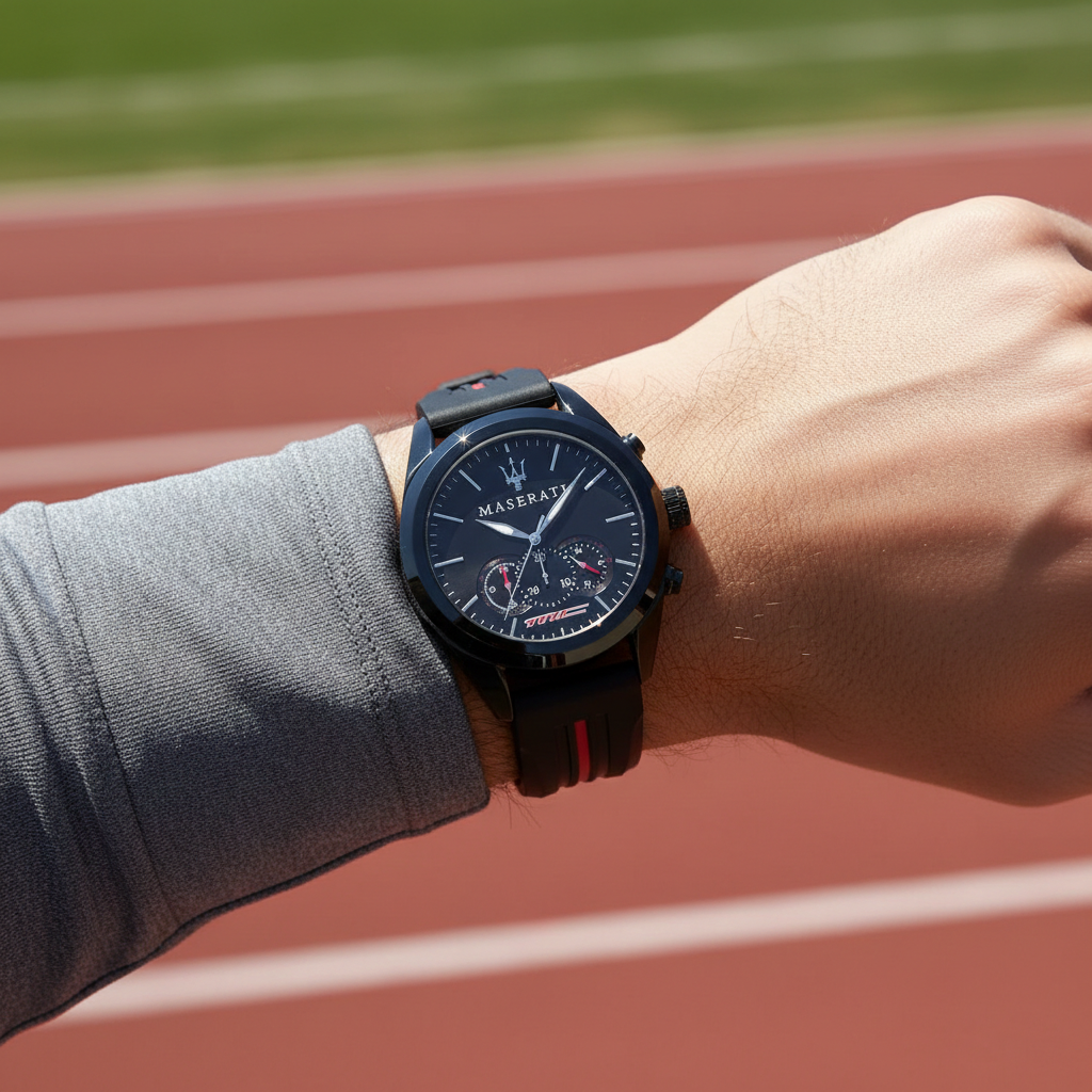 Male model wearing Maserati Traguardo R8871612004 sporty watch with a racing-inspired outfit