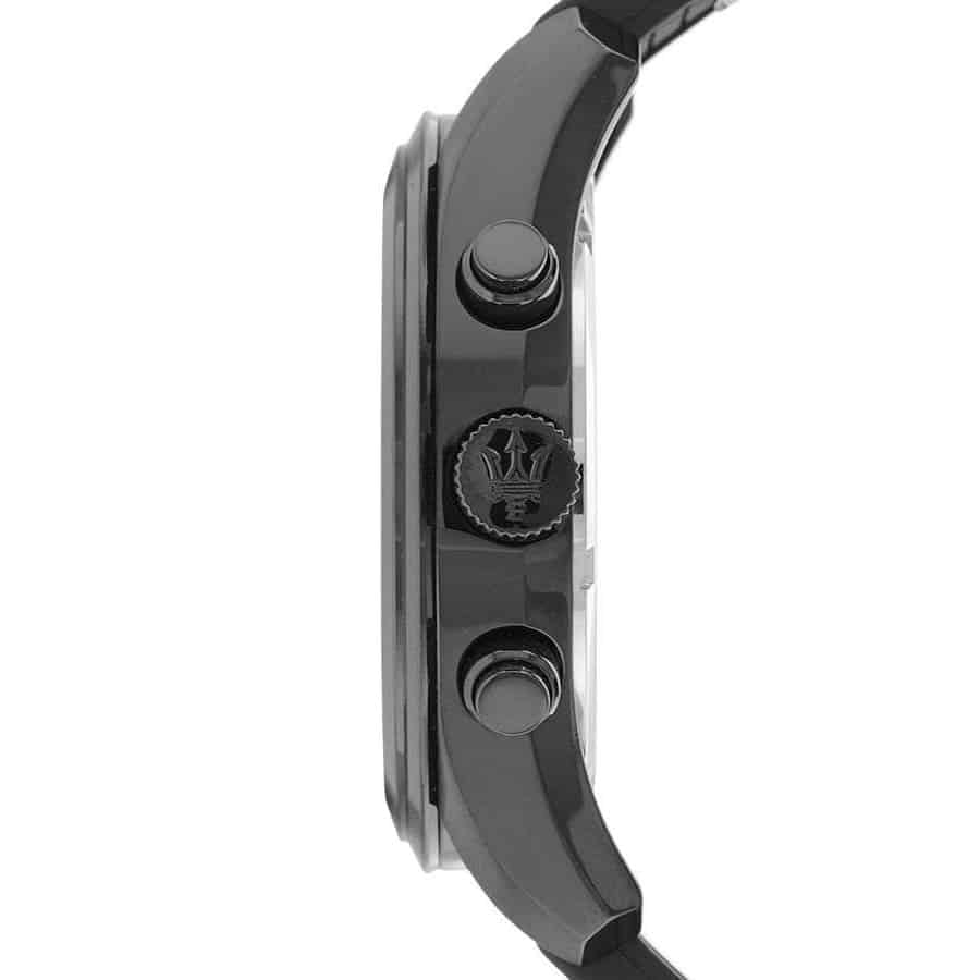 Side profile view of the 12.4mm thick black stainless steel case of the Maserati Traguardo