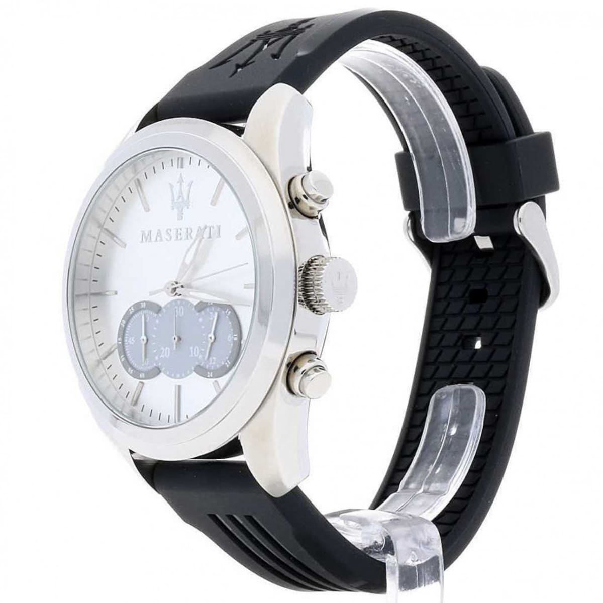 Left side perspective of the black rubber strap with Maserati trident logo on the R8871612012