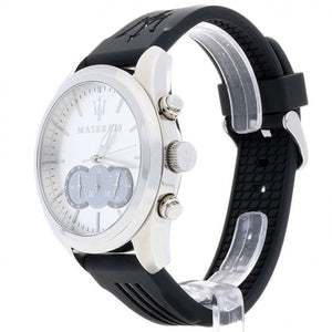 Left side perspective of the black rubber strap with Maserati trident logo on the R8871612012