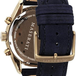 Stainless steel buckle clasp with Maserati logo on the blue leather strap of the R8871612016