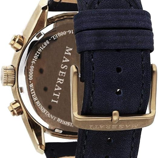 Stainless steel buckle clasp with Maserati logo on the blue leather strap of the R8871612016