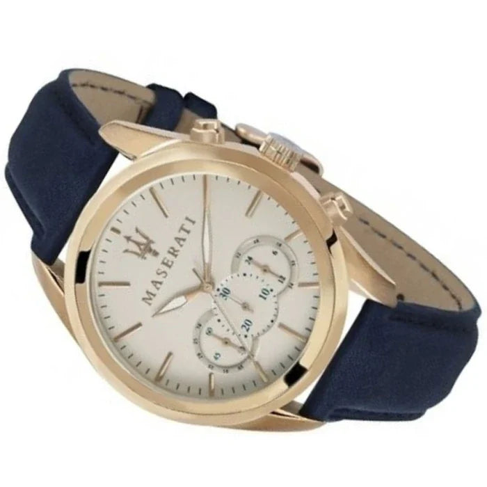 Detailed side view of the gold-tone crown and pushers on the Maserati R8871612016