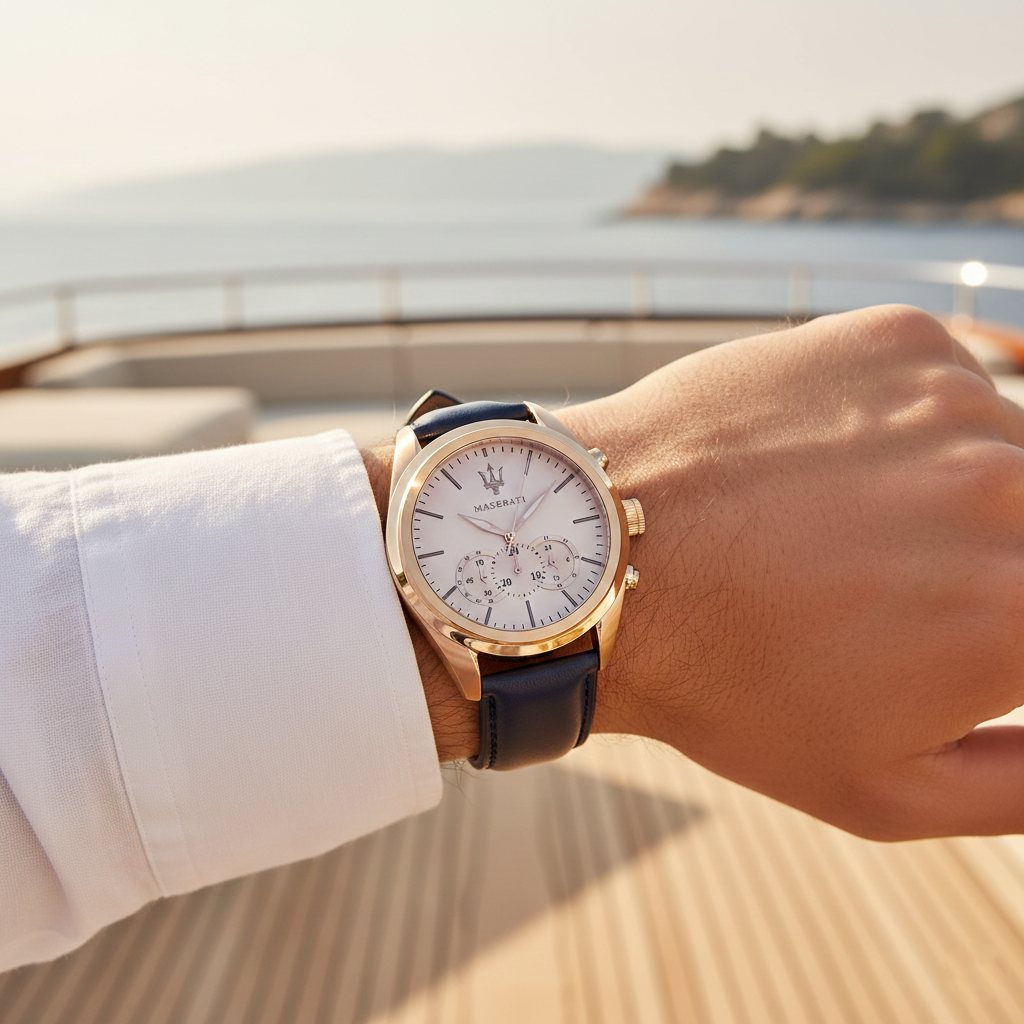 Male model wearing Maserati Traguardo R8871612016 elegant watch with a semi-formal outfit