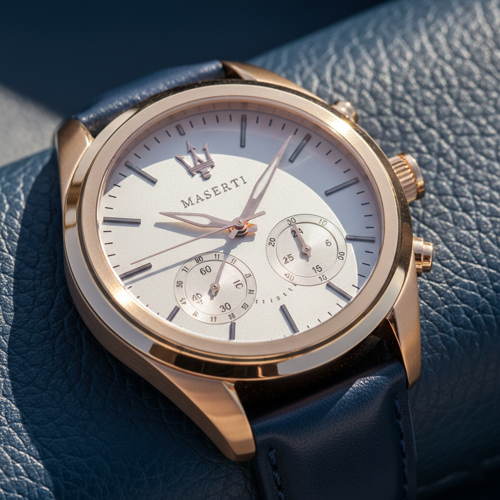 Close up shot of Maserati Traguardo R8871612016 watch on wrist showing the beige dial and chronograph sub-dials