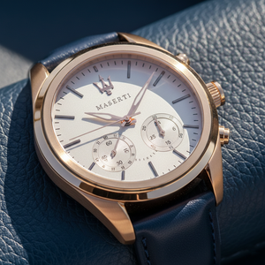 Close up shot of Maserati Traguardo R8871612016 watch on wrist showing the beige dial and chronograph sub-dials