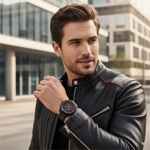 Man wearing Maserati Traguardo black leather watch reflecting a sporty and athletic Italian racing look