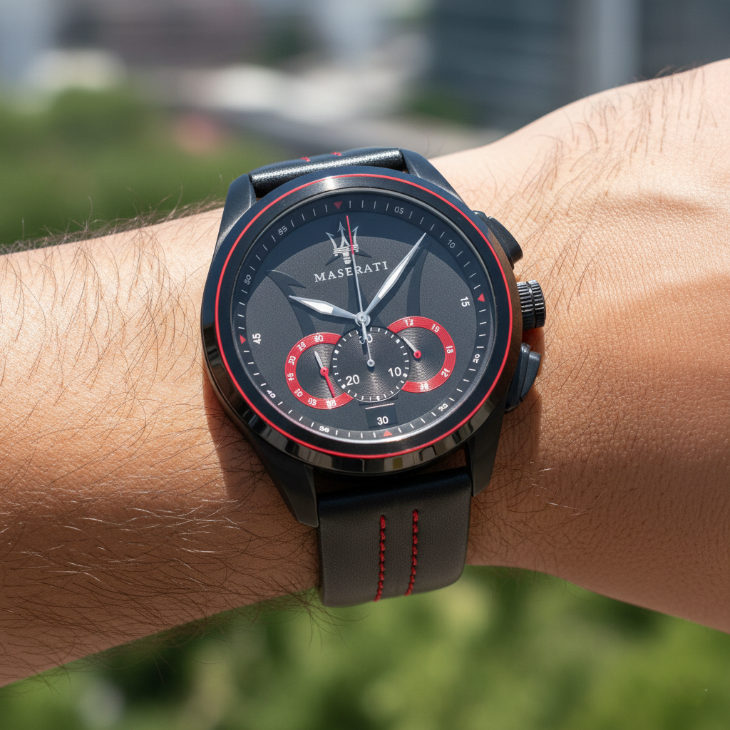 Close up shot of Maserati Traguardo R8871612023 on wrist showing the black dial and red racing sub-dial rings