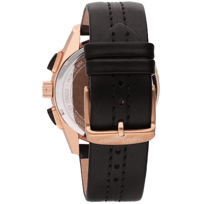 Rose gold-tone pin buckle clasp on the brown leather strap of the Traguardo R8871612024