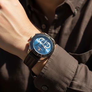 Man wearing Maserati Traguardo rose gold watch with brown leather strap for a classic vintage racing look