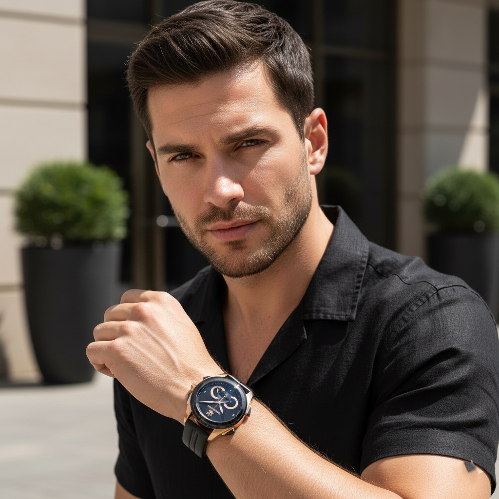 Man wearing Maserati Traguardo black leather watch for a sophisticated and bold Italian racing look