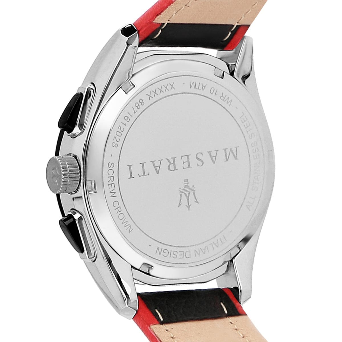 Back view of the Maserati R8871612028 watch showing the stainless steel caseback and serial number details