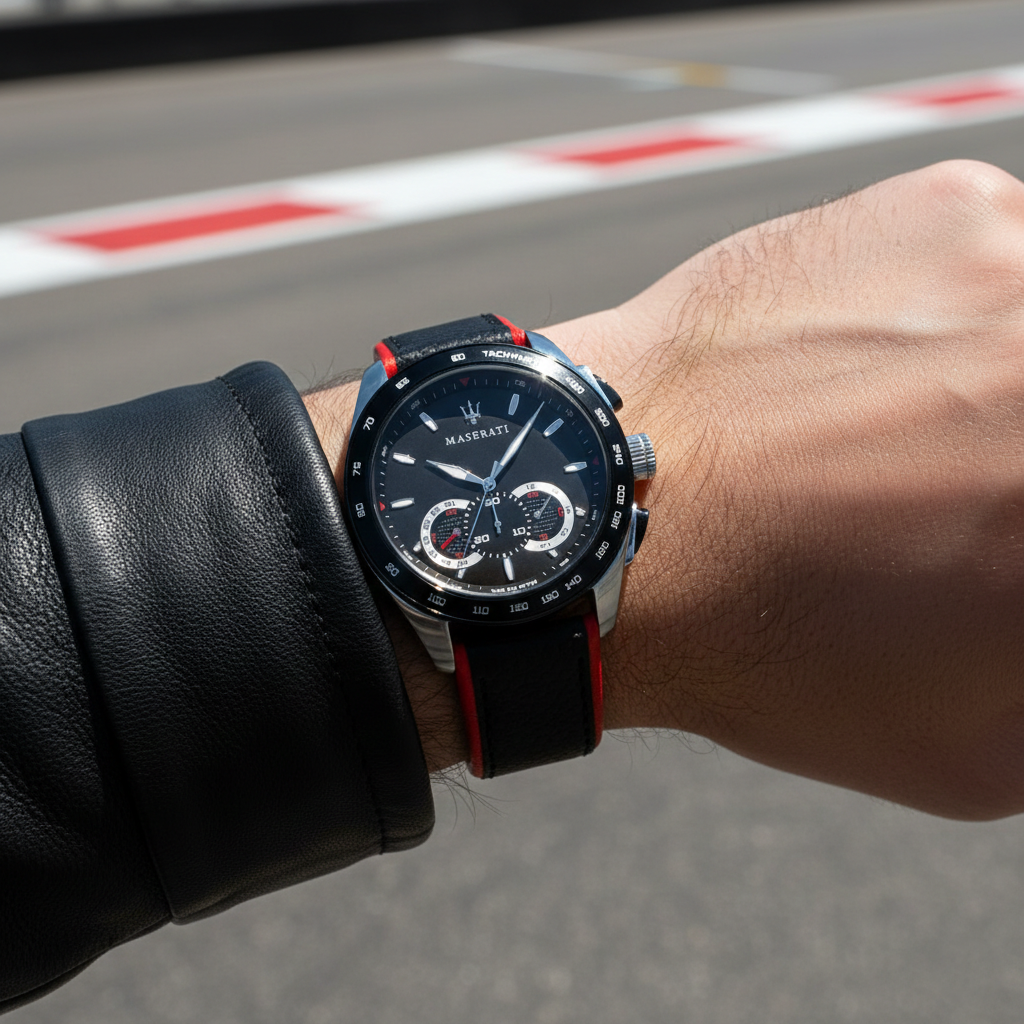 Male model wearing Maserati Traguardo R8871612028 sporty watch with a casual outfit