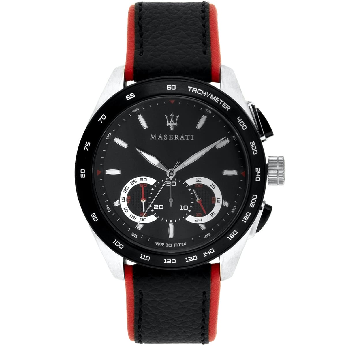 Maserati Traguardo R8871612028 men's watch with silver case and black leather strap with red edges