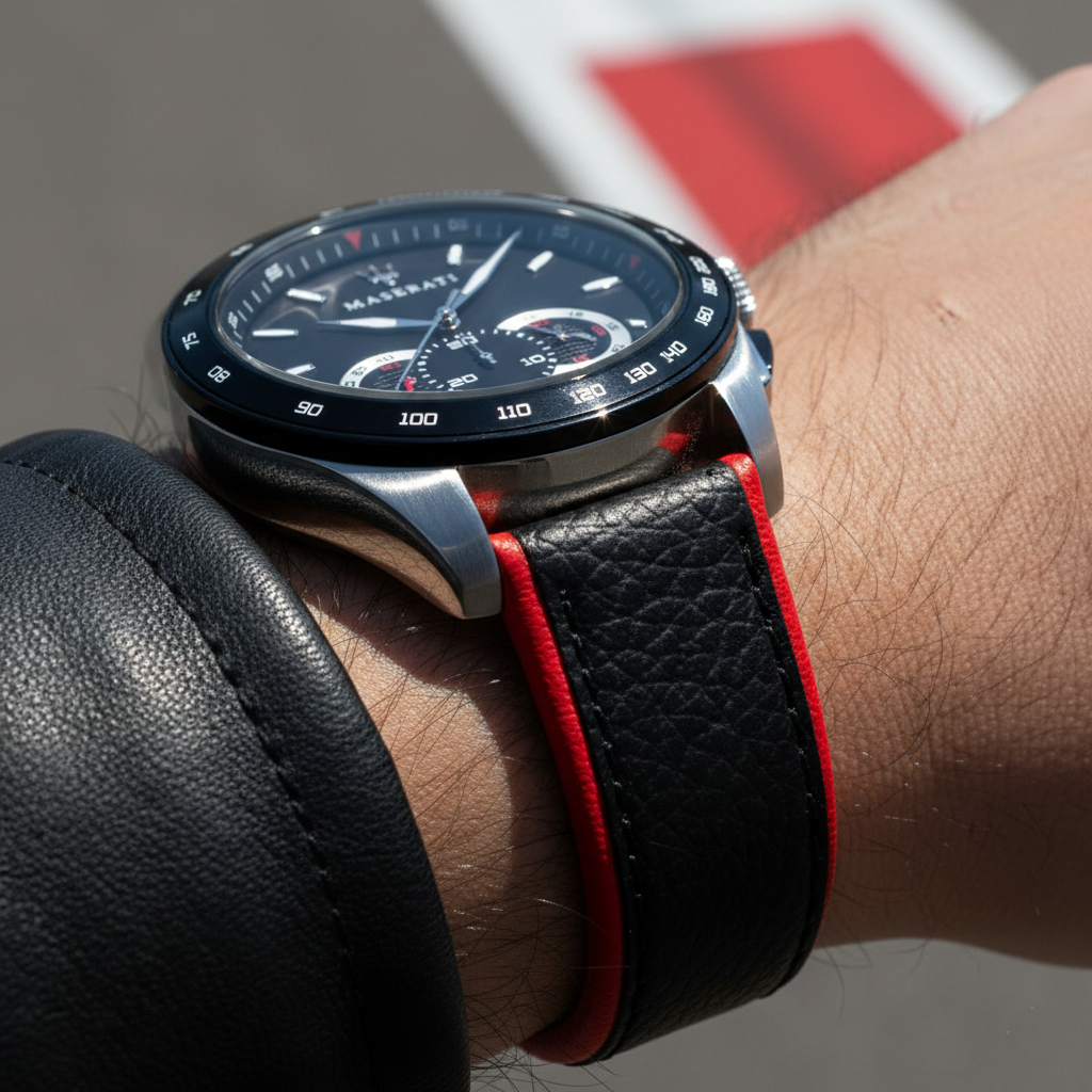 Close up shot of Maserati Traguardo R8871612028 watch on wrist showing the black dial and red strap lining