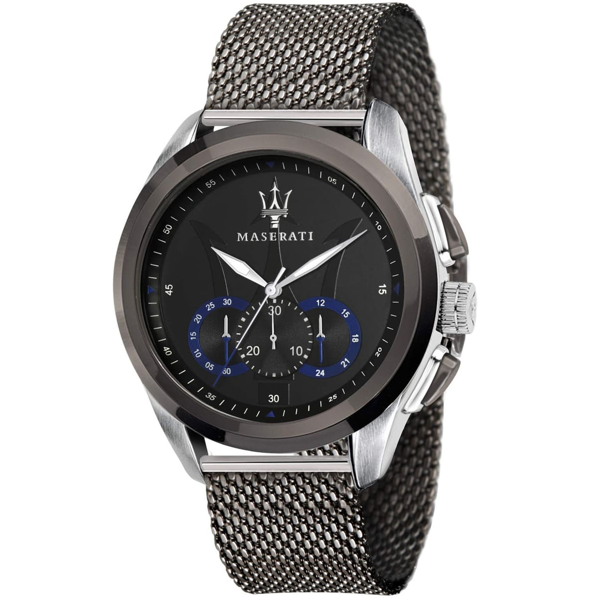 Maserati Traguardo R8873612006 men's chronograph watch with silver case and gunmetal mesh bracelet