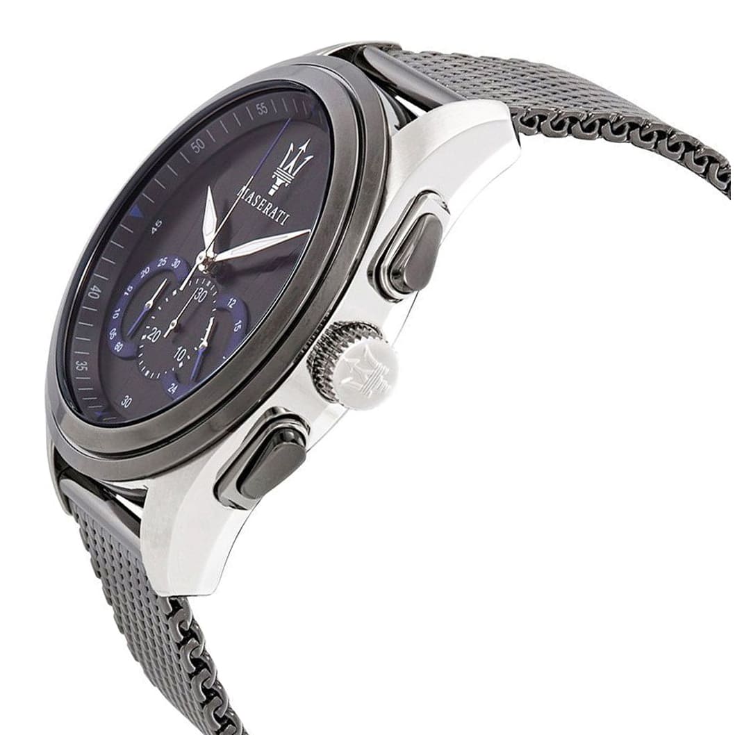 Detailed side view of the silver crown and chronograph buttons on the Maserati R8873612006