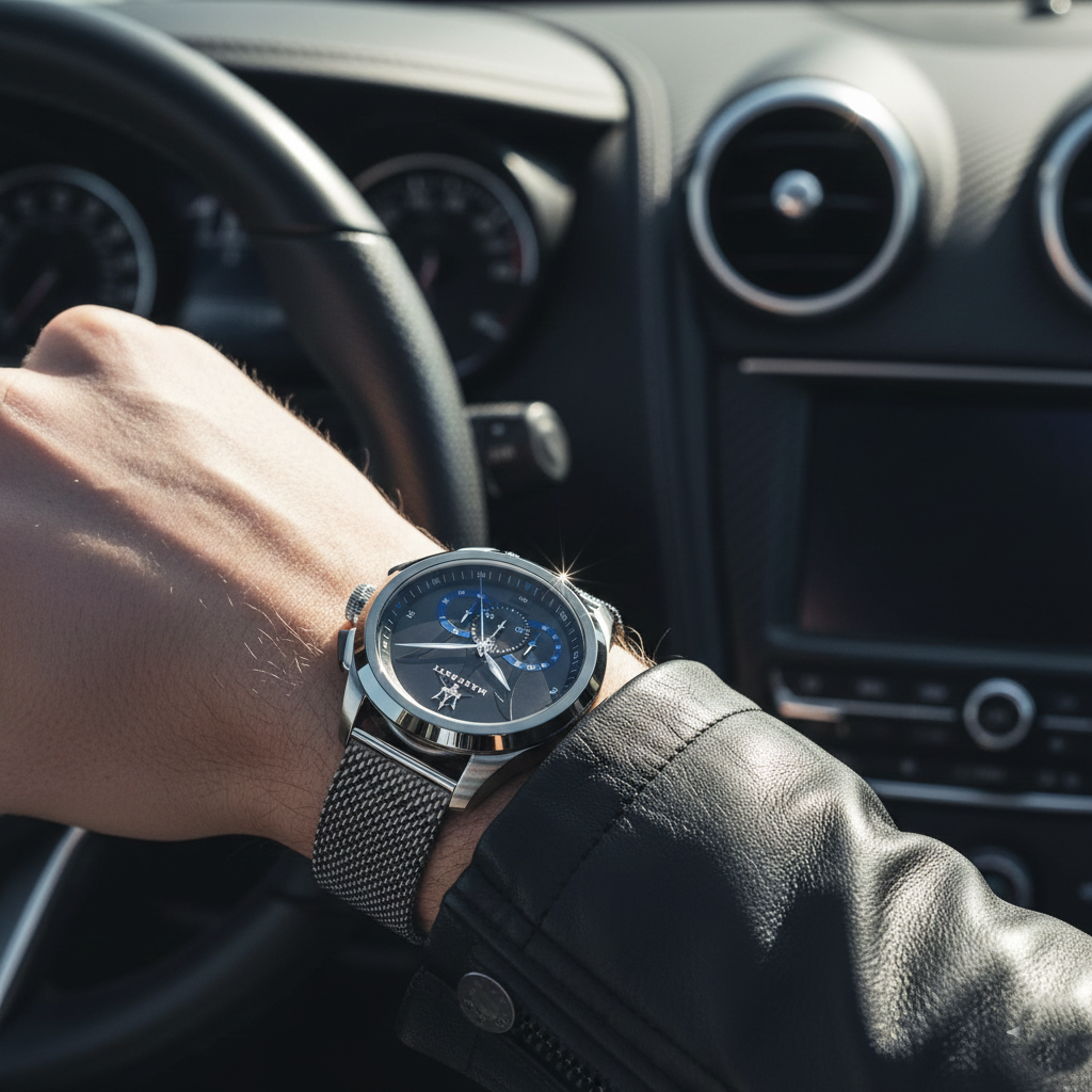 Male model wearing Maserati Traguardo R8873612006 silver and gunmetal watch with a sporty outfit