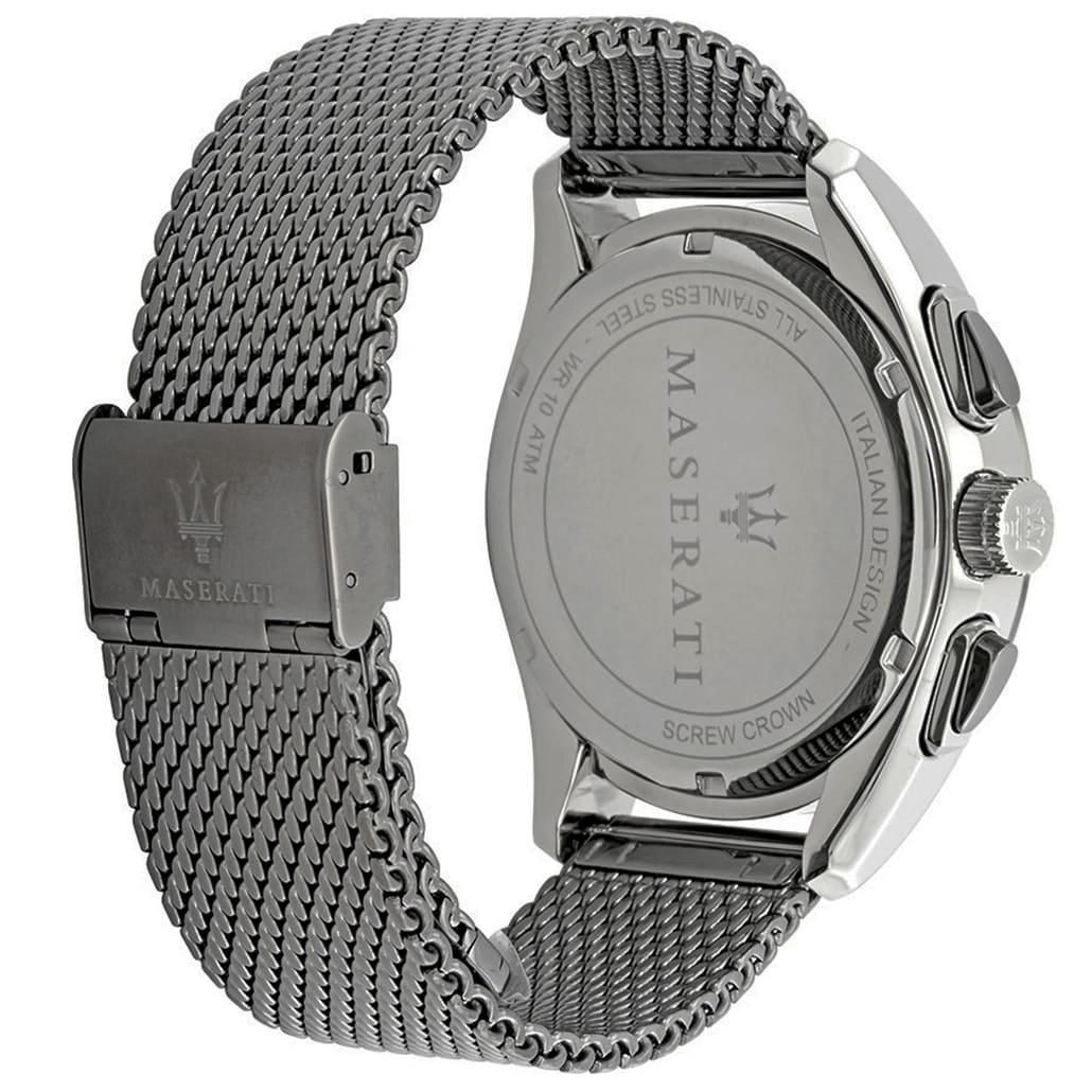 Gunmetal stainless steel sliding clasp with engraved Maserati logo on the mesh bracelet of the R8873612006