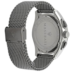 Gunmetal stainless steel sliding clasp with engraved Maserati logo on the mesh bracelet of the R8873612006