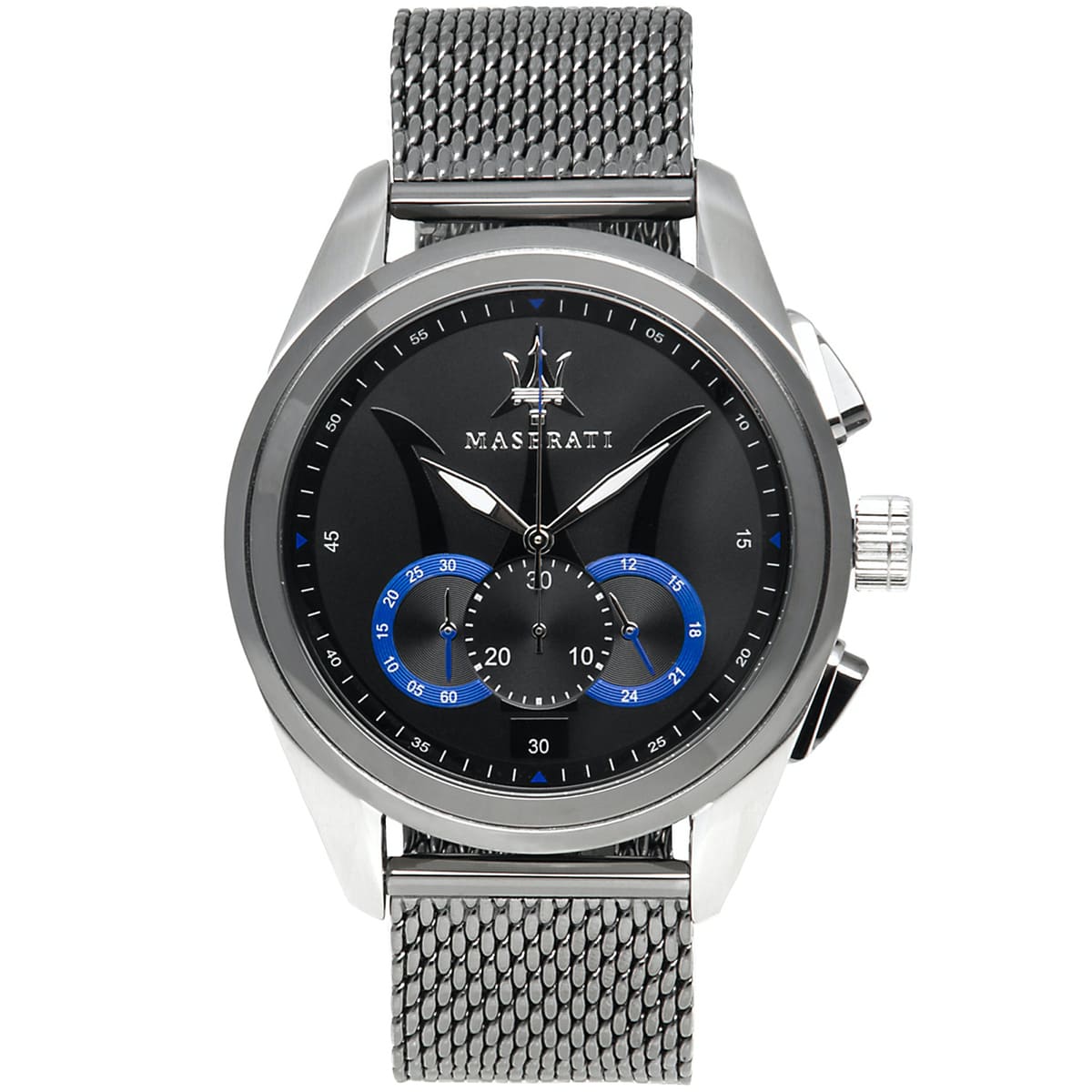 Maserati Traguardo R8873612006 men's chronograph watch with silver case and gunmetal mesh bracelet