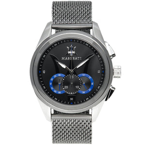 Maserati Traguardo R8873612006 men's chronograph watch with silver case and gunmetal mesh bracelet