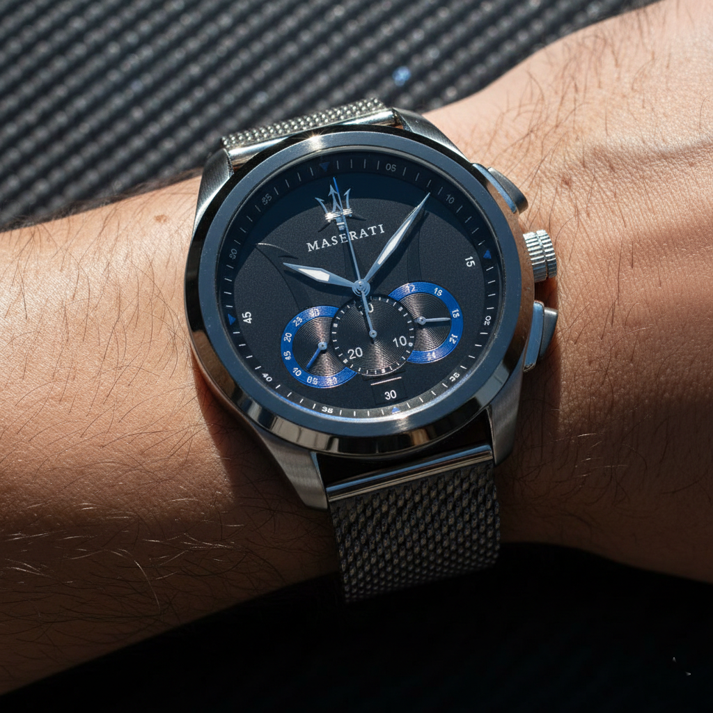 Close up shot of Maserati Traguardo R8873612006 watch on wrist showing the black dial with blue sub-dials