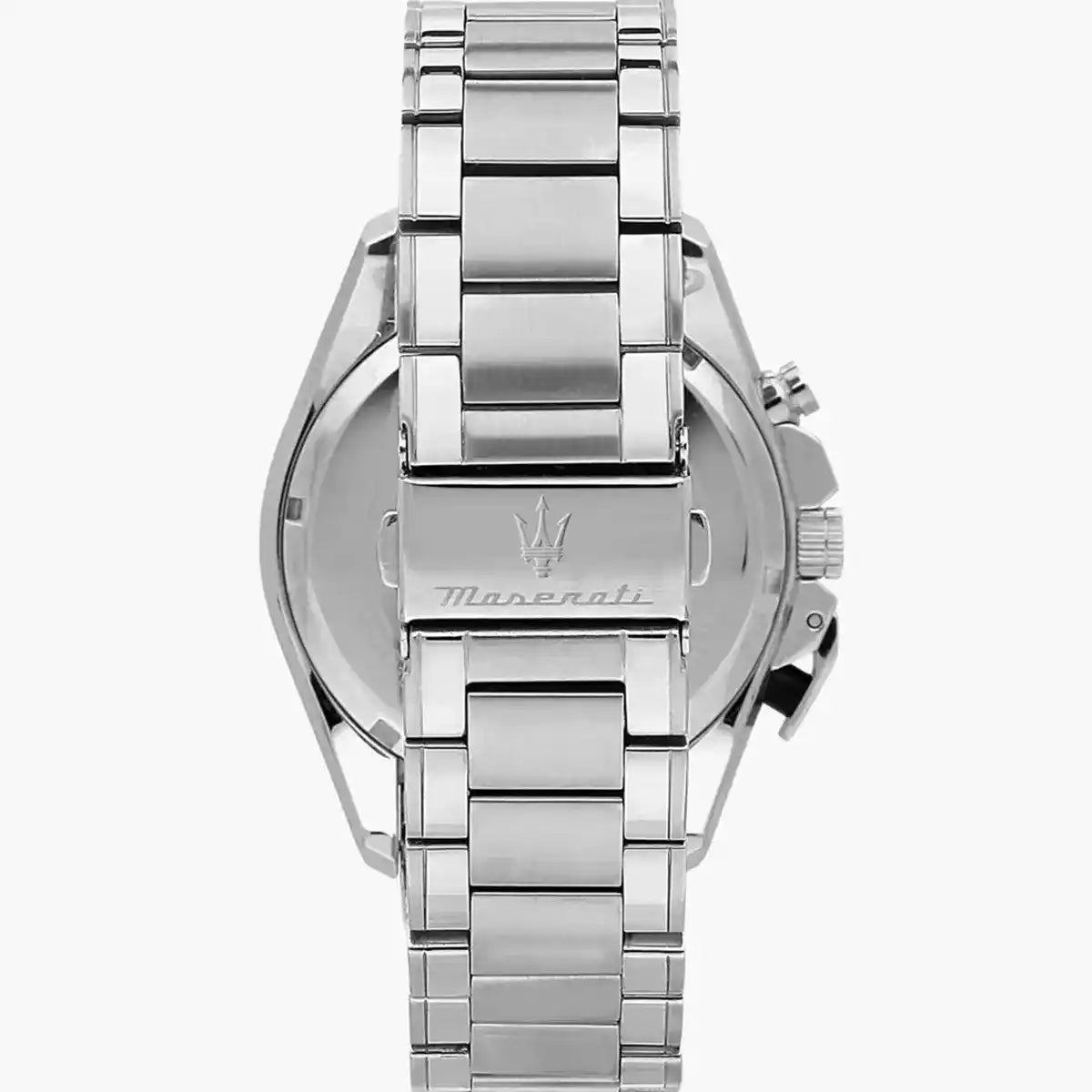 Silver stainless steel deployment clasp with Maserati Trident logo on the Traguardo bracelet