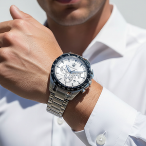 Man wearing Maserati Traguardo silver watch with white dial for a sporty chic daily look