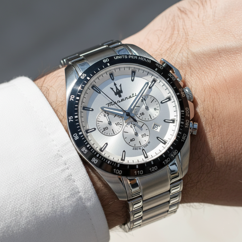 Close up shot of Maserati Traguardo R8873612049 on wrist showing the white/silver dial and chronograph sub-dials