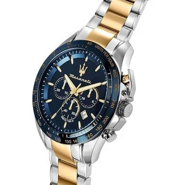Left angled view of Maserati Traguardo R8873612046 men's quartz battery watch showing two-tone stainless steel bracelet and case profile