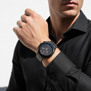 Man wearing Maserati Triconic black watch for a sophisticated Italian luxury and racing-inspired look