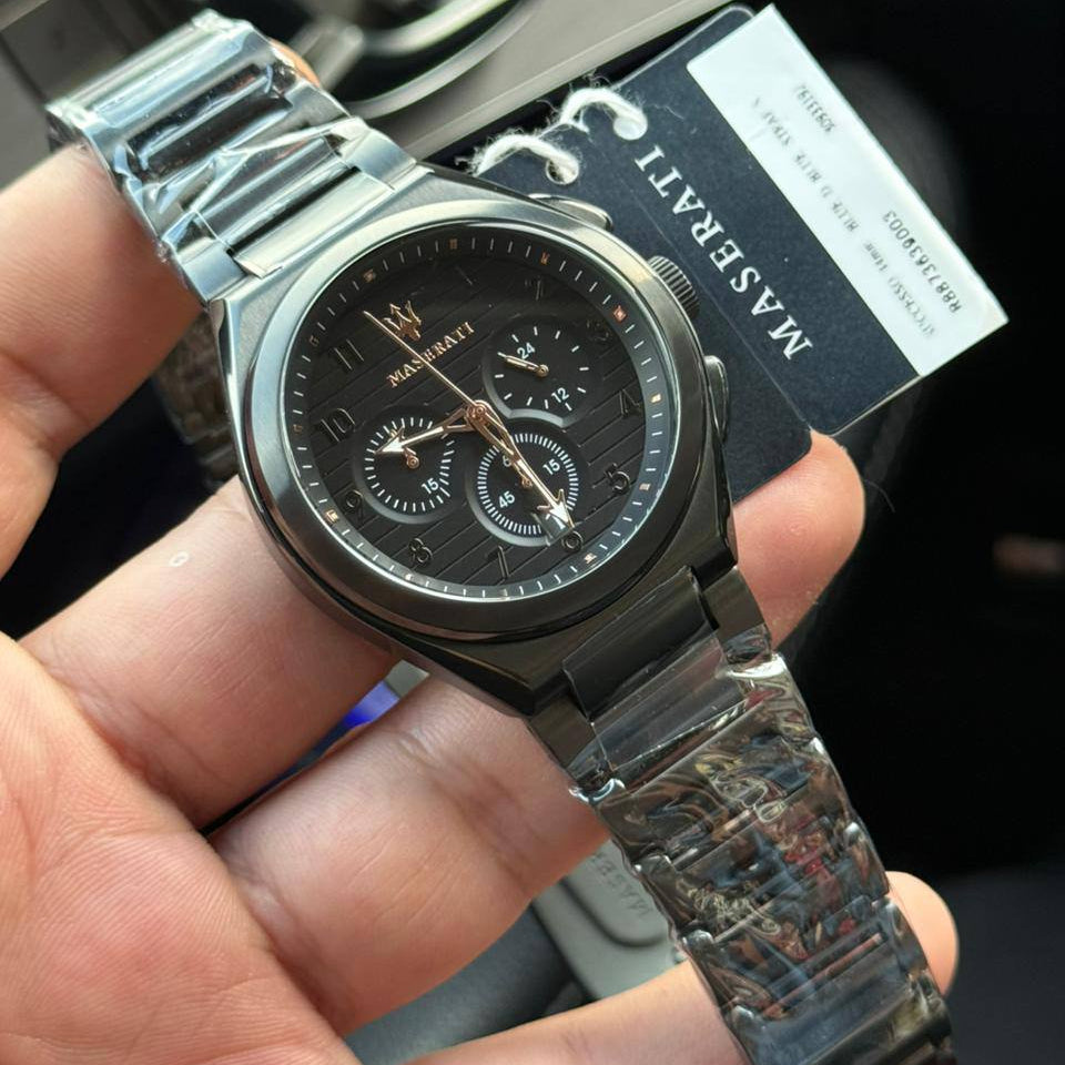 Authentic real-life photo of Maserati Triconic R8873639003 showing the actual black and rose gold finish