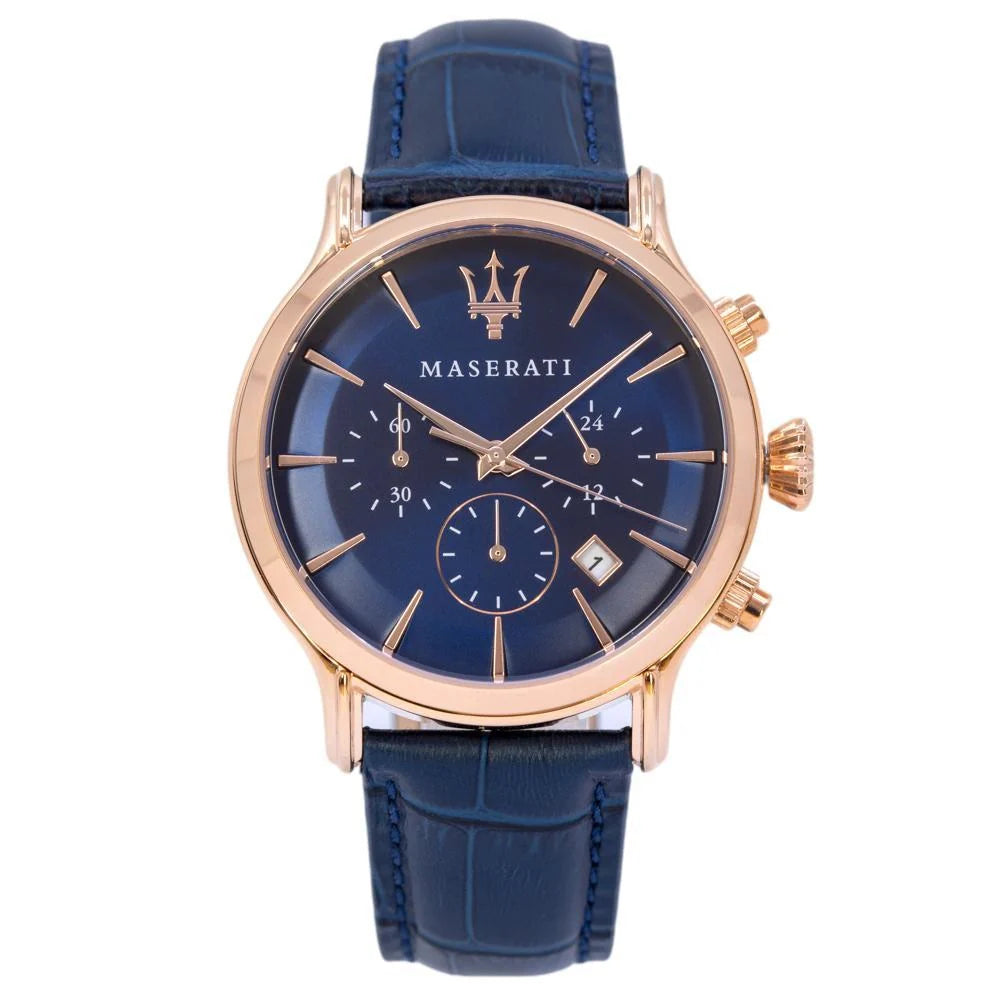 Maserati watch with blue strap and rose gold case on white background