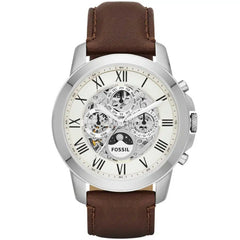 Front view of Fossil Grant ME3027 men's automatic skeleton multifunction watch with brown leather strap.