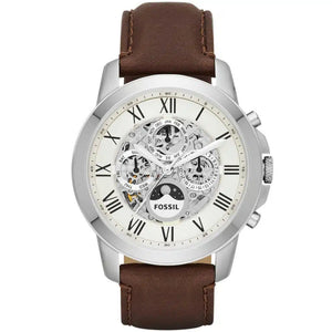 Front view of Fossil Grant ME3027 men's automatic skeleton multifunction watch with brown leather strap.