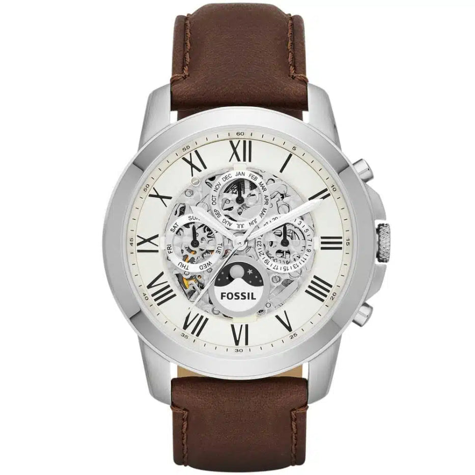 Front view of Fossil Grant ME3027 men's automatic skeleton multifunction watch with brown leather strap.