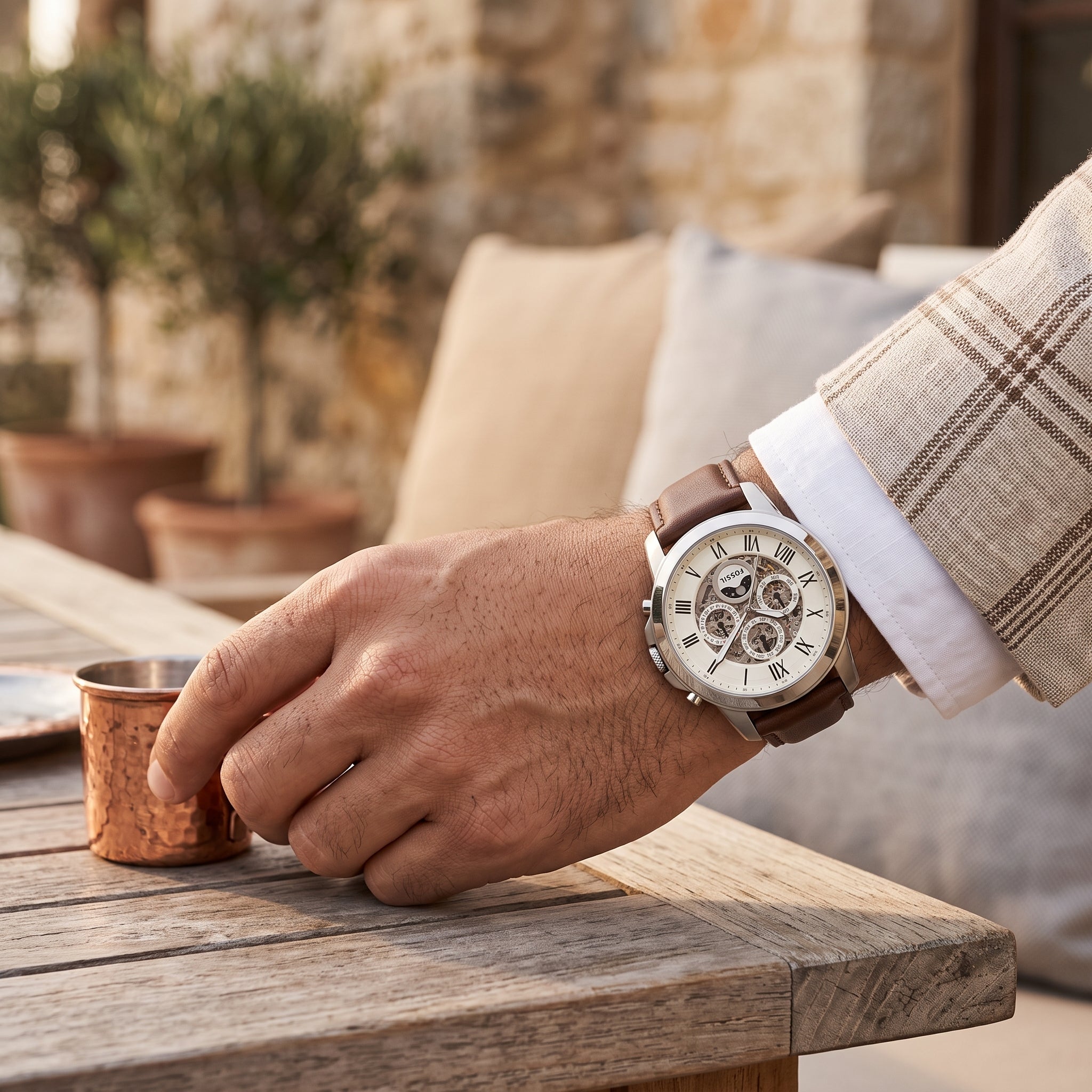 Fossil Grant ME3027 men's automatic watch worn on the wrist.