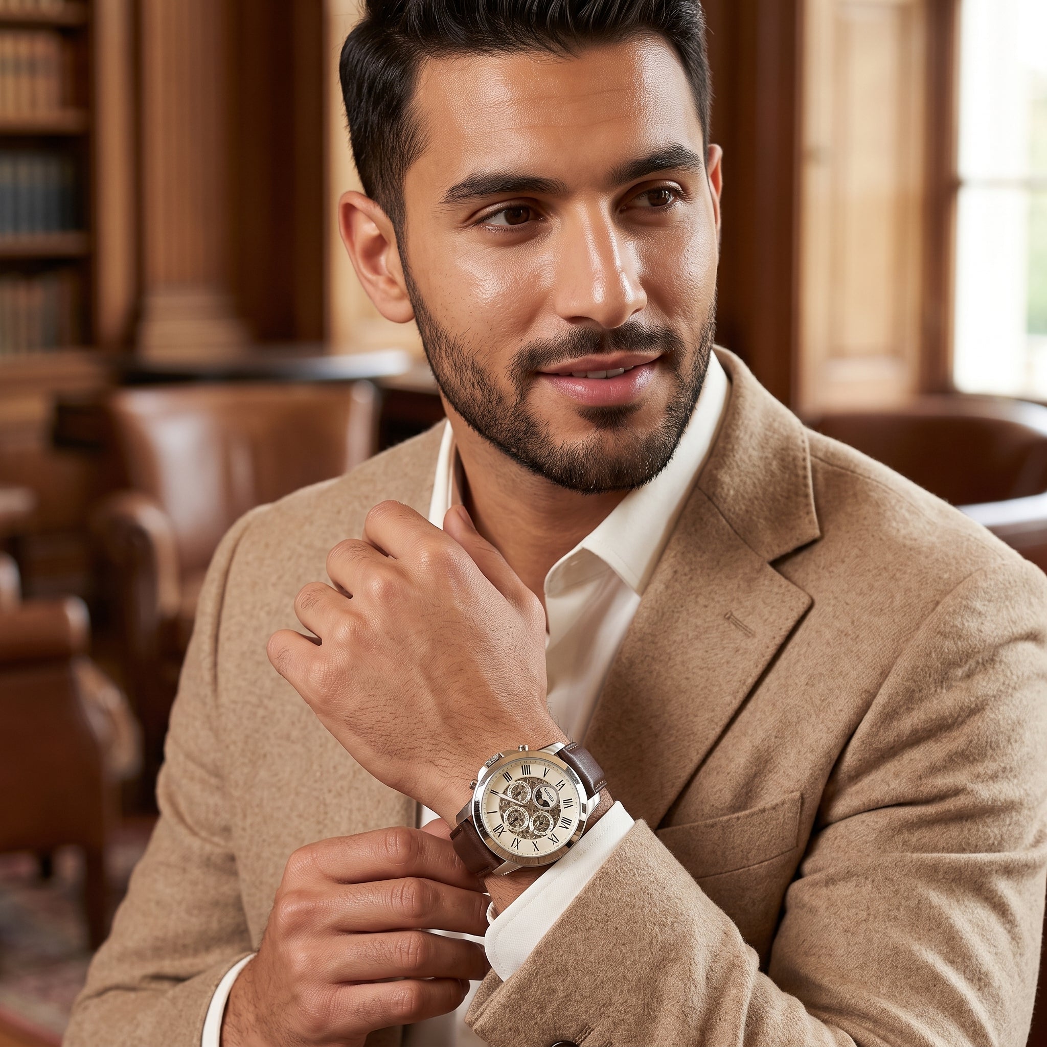 Luxury lifestyle image featuring the Fossil Grant ME3027 automatic multifunction watch.