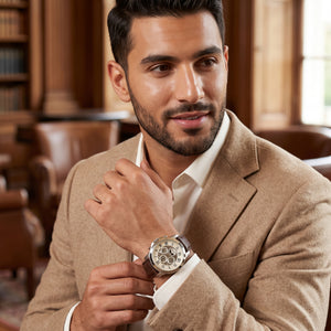 Luxury lifestyle image featuring the Fossil Grant ME3027 automatic multifunction watch.