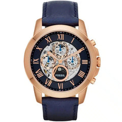 Front view of Fossil Grant ME3029 men's automatic multifunction skeleton watch with blue dial and blue leather strap.